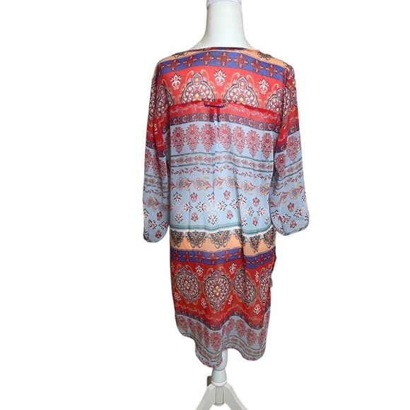 Fig & Flower Red Blue Sheer Popover Tunic Overlay Large Bohemian Lightweight - Picture 4 of 10